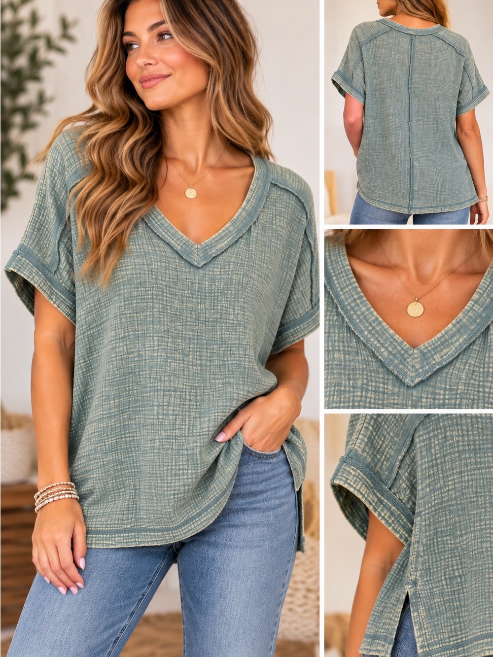Zenana Outfitters Relaxed V-Neck Short Sleeve Top in Ash Jade